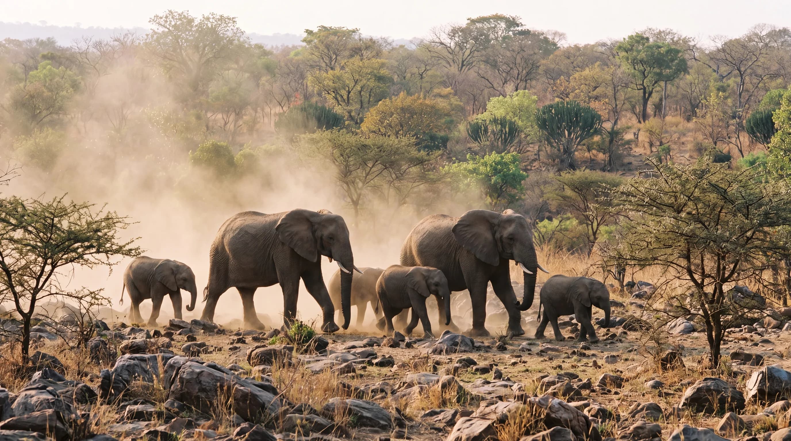 A family herd of elephants crossing dry woodland in Majete