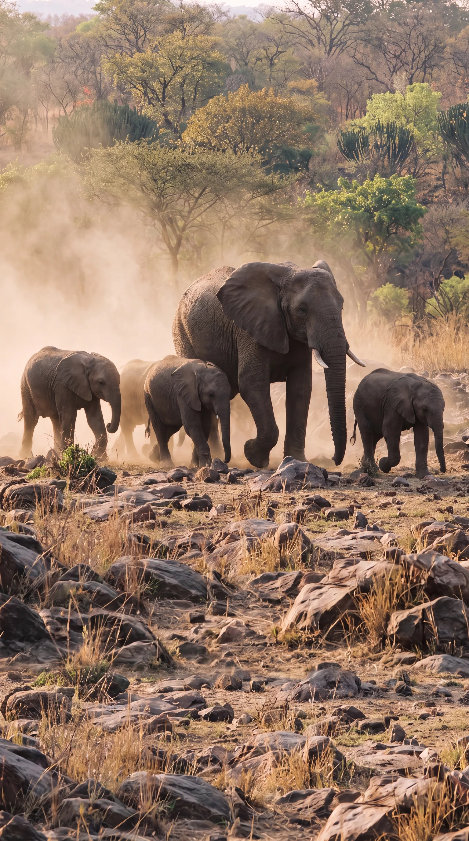 A family herd of elephants crossing dry woodland in Majete