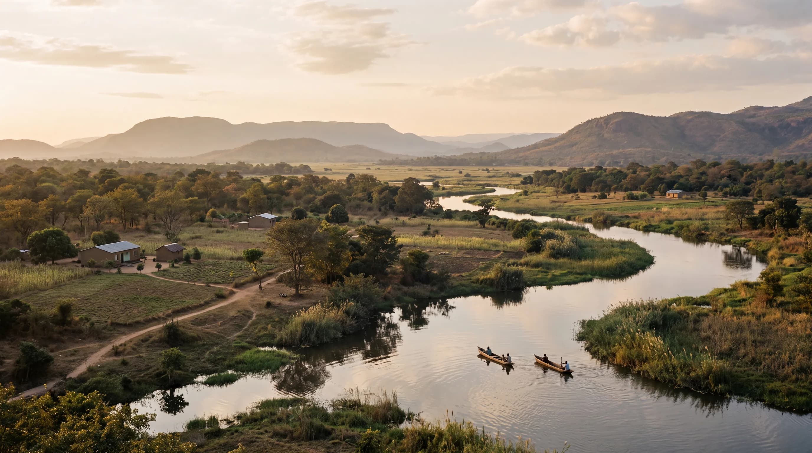 Dugout canoes travelling along a winding river through green countryside