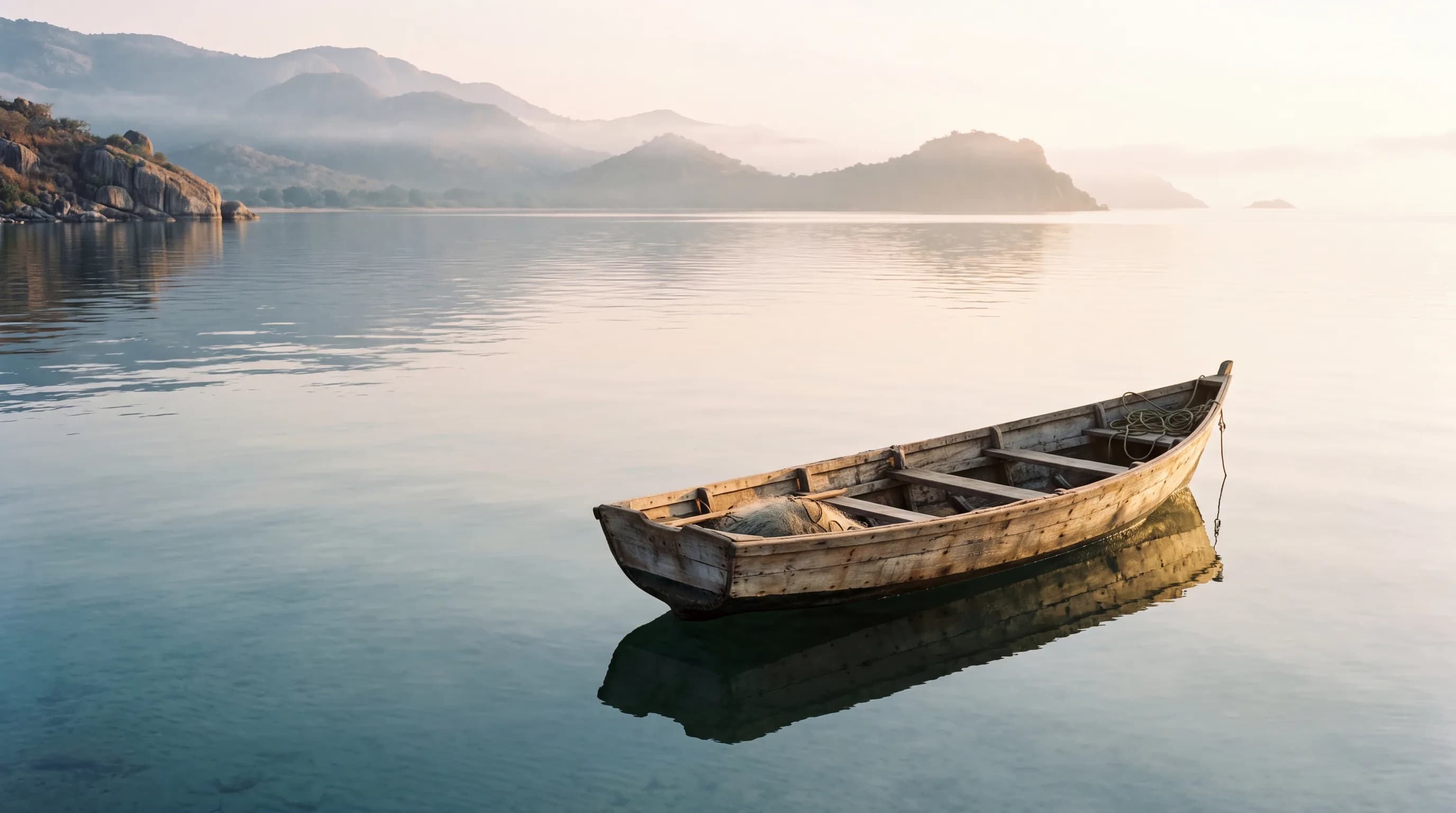 A traditional wooden fishing boat resting on calm Lake Malawi water
