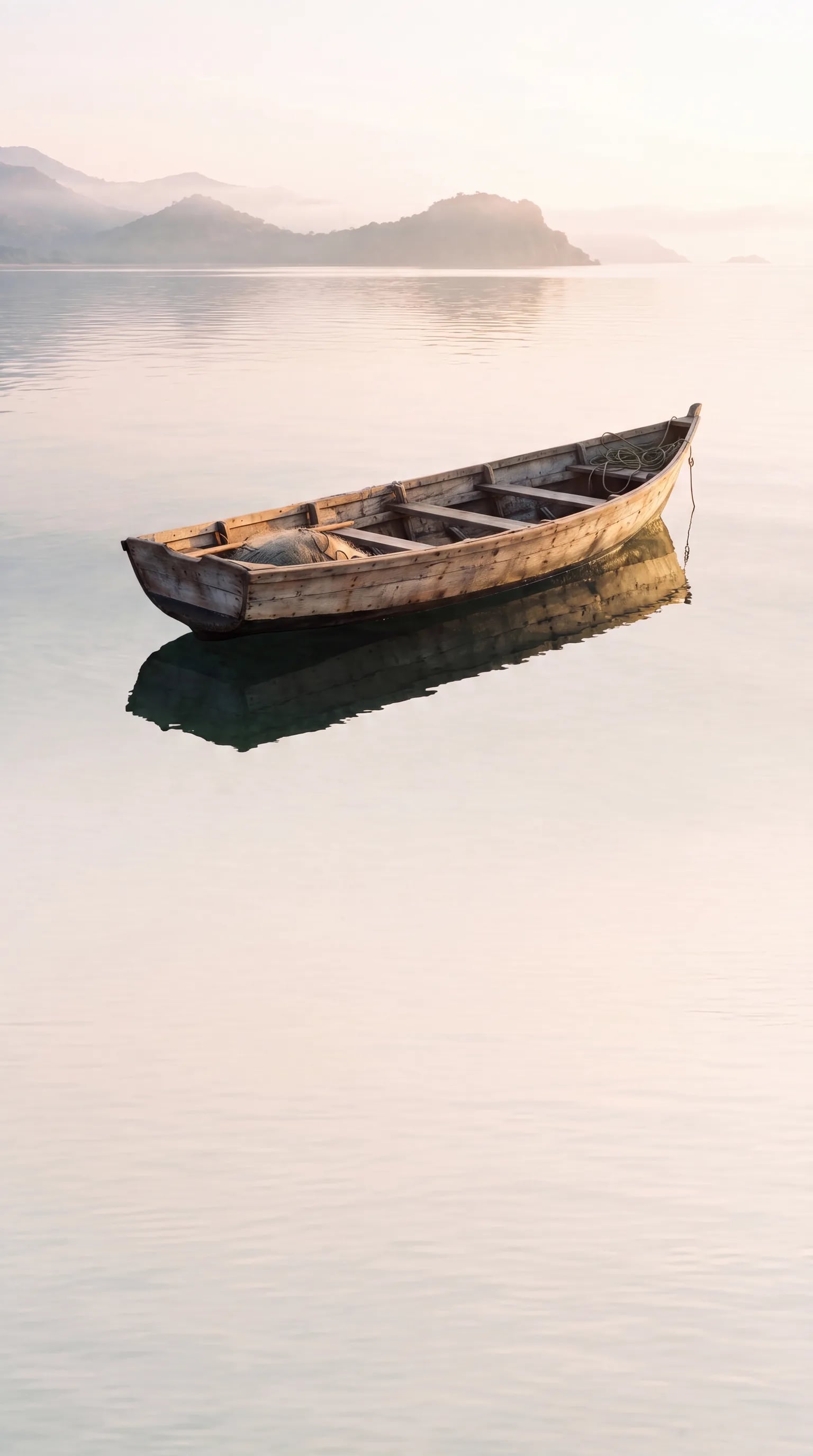 A traditional wooden fishing boat resting on calm Lake Malawi water