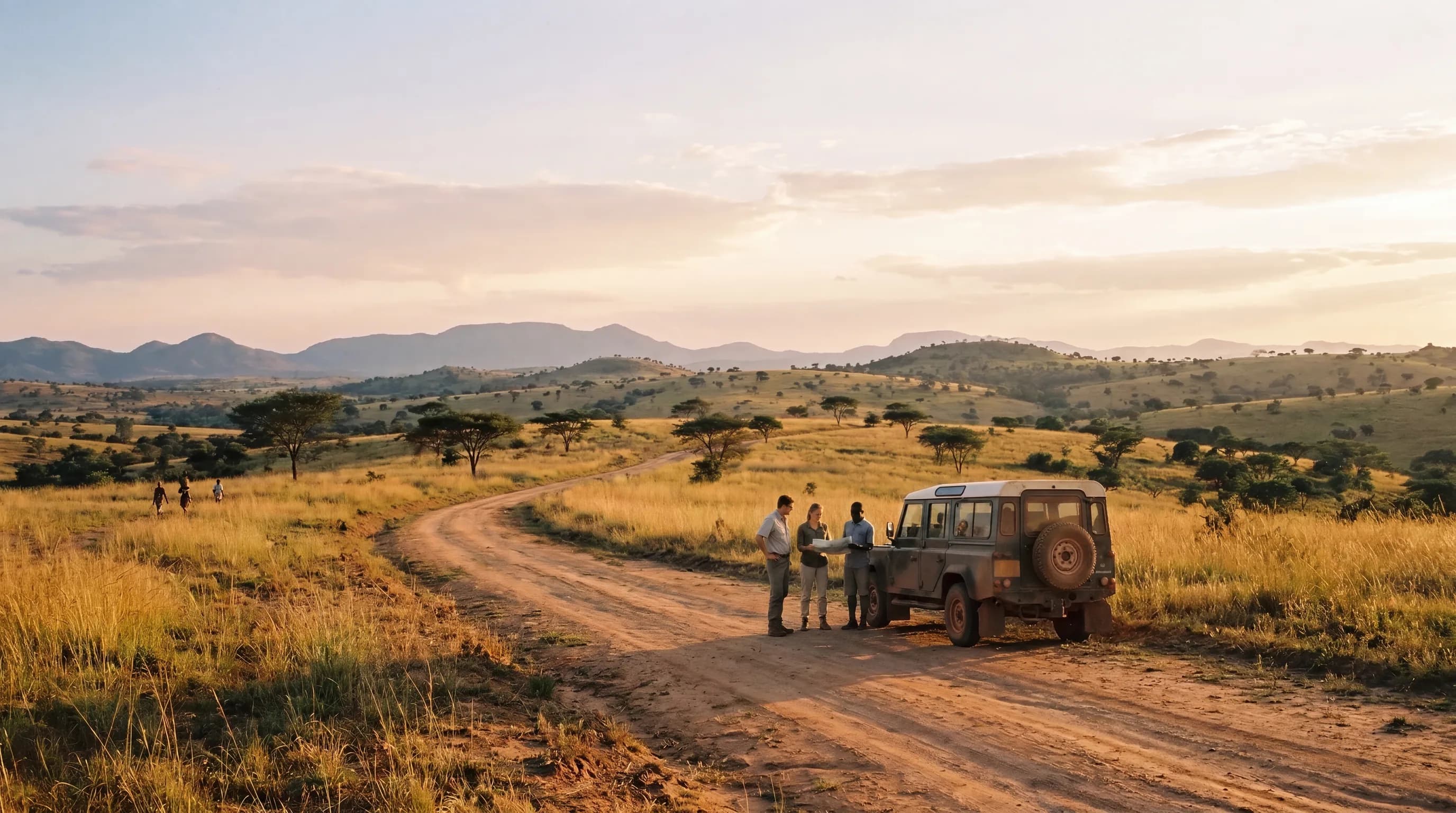 A guide and two travellers beside a four-wheel drive on a red-earth road
