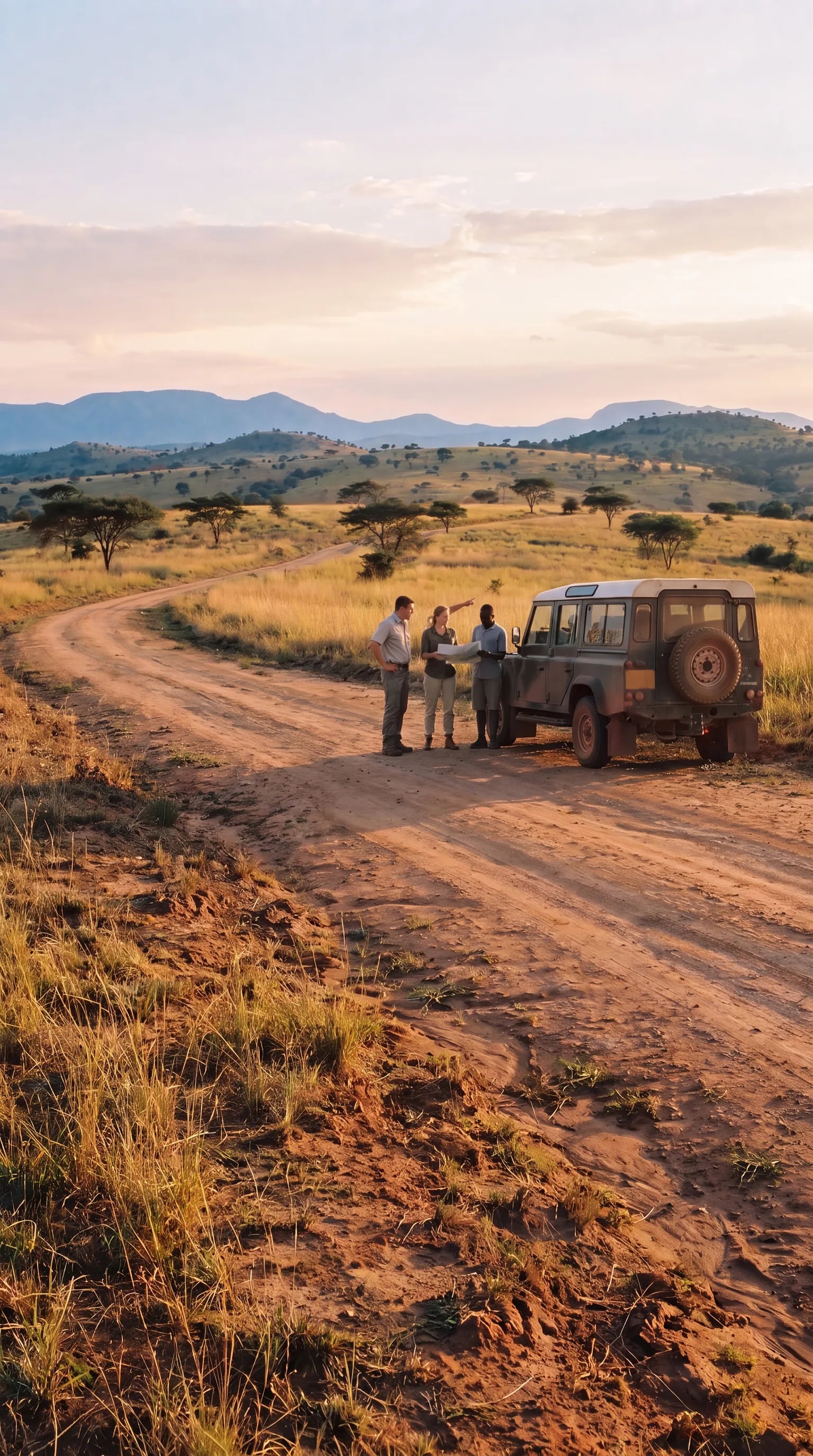 A guide and two travellers beside a four-wheel drive on a red-earth road