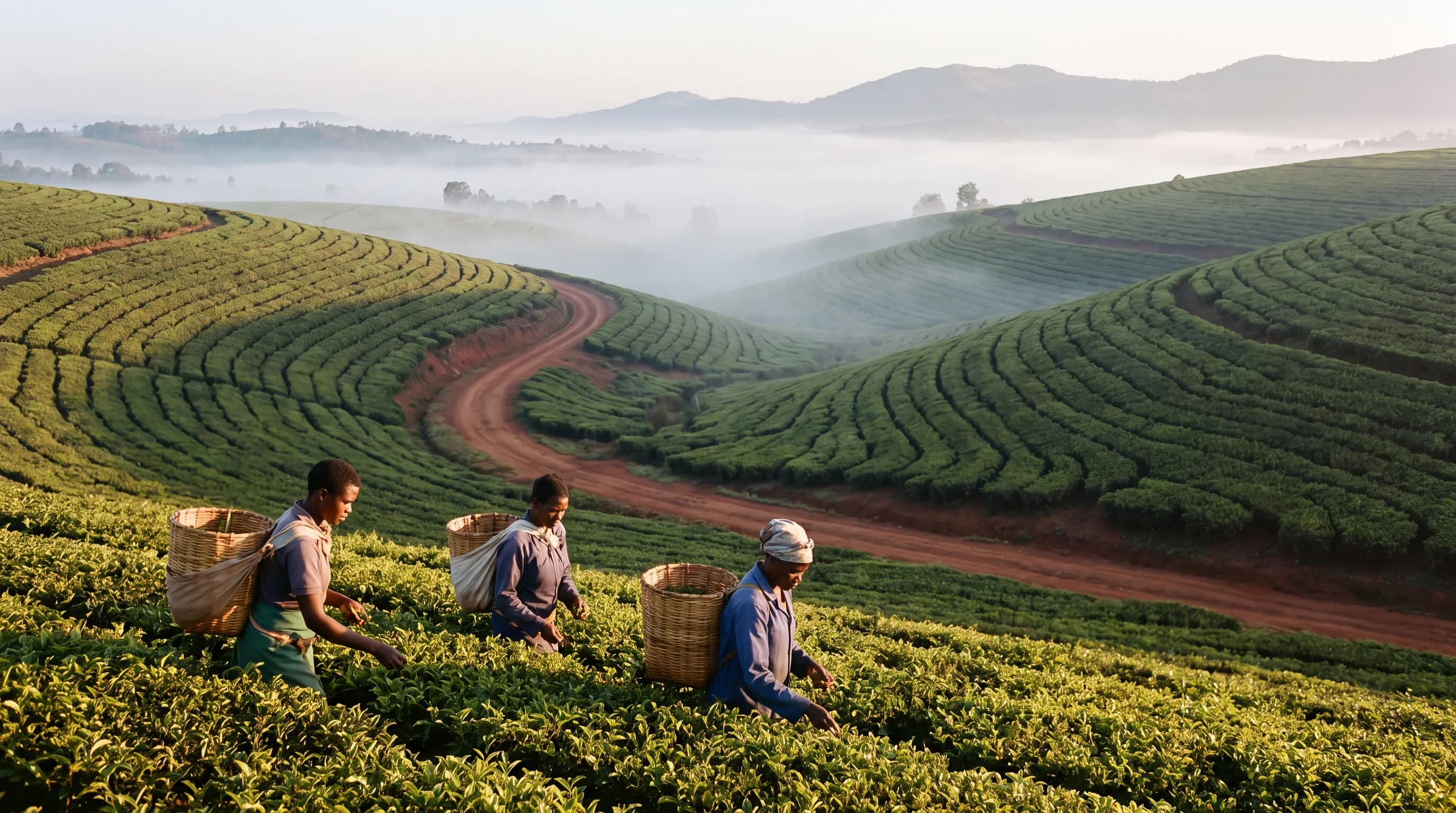 Tea workers harvesting among the rolling green fields of Thyolo