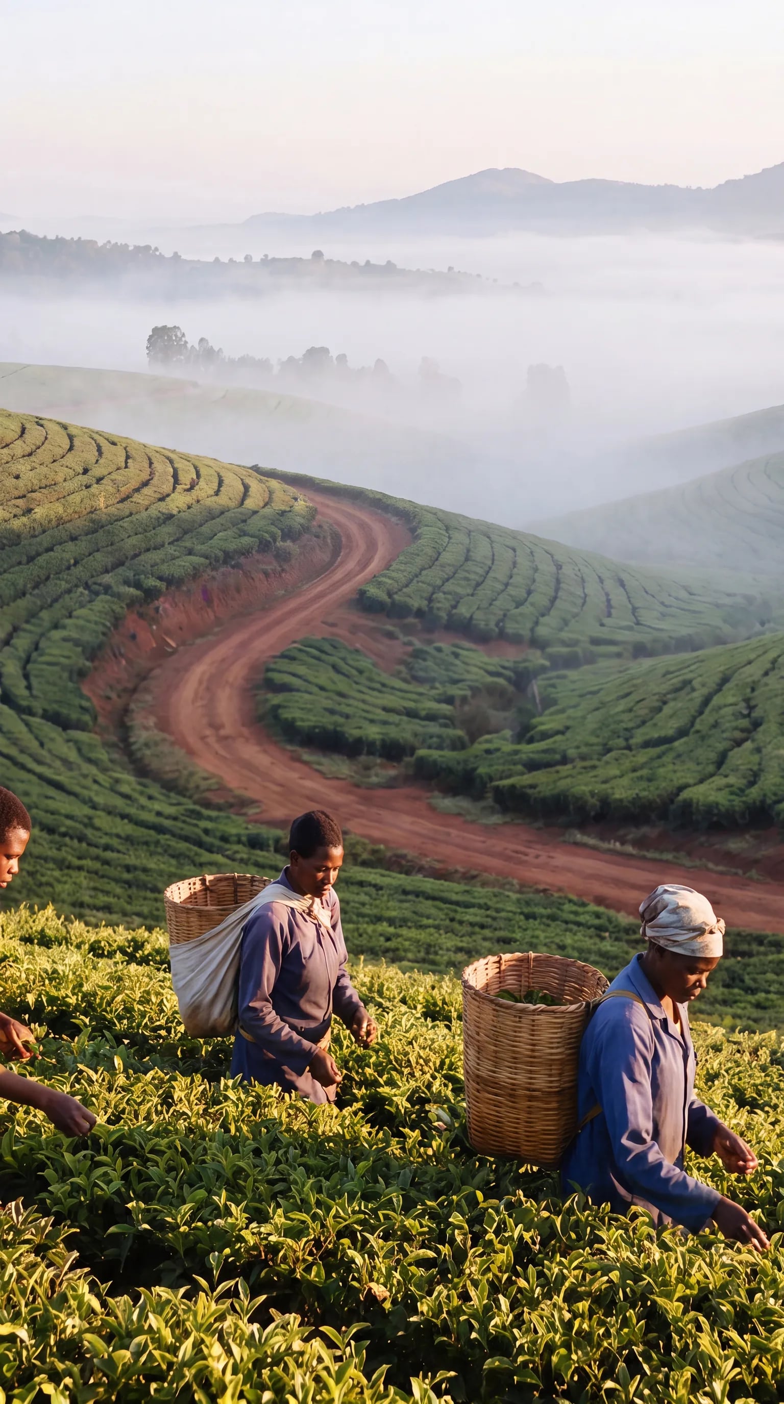 Tea workers harvesting among the rolling green fields of Thyolo