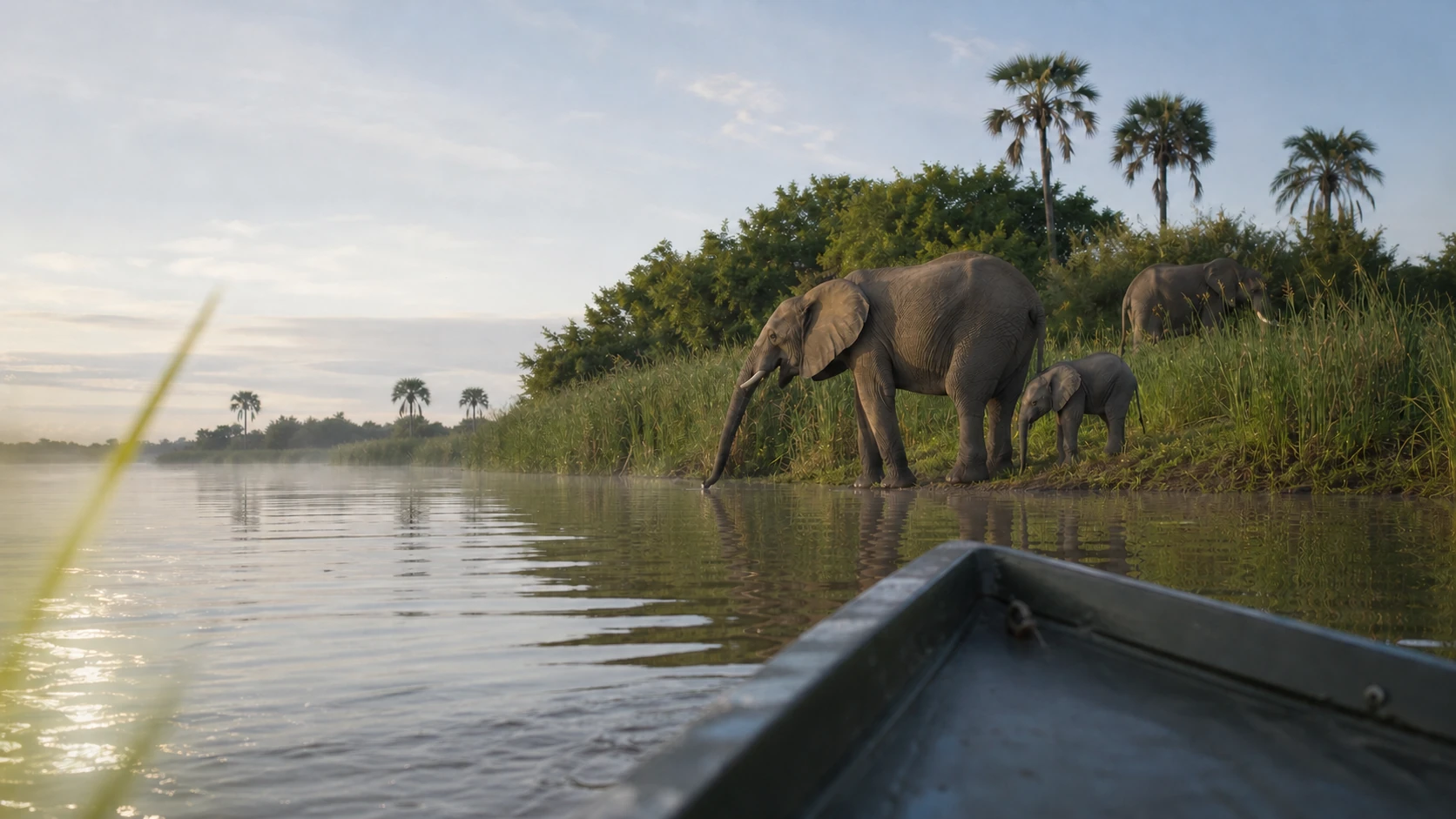 Elephants drinking beside the Shire River, viewed from a boat in Liwonde