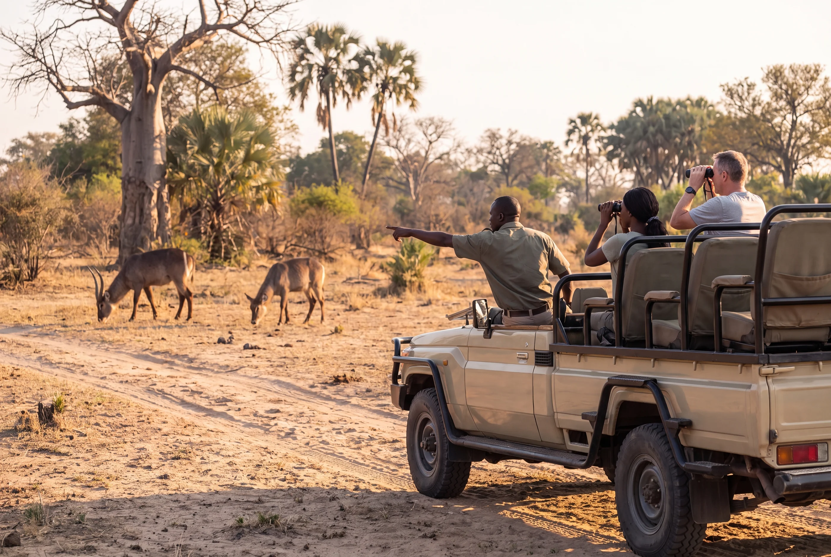 An atmospheric photo of a classic Land Rover Defender parked on a dusty dirt track in the Malawi bush.