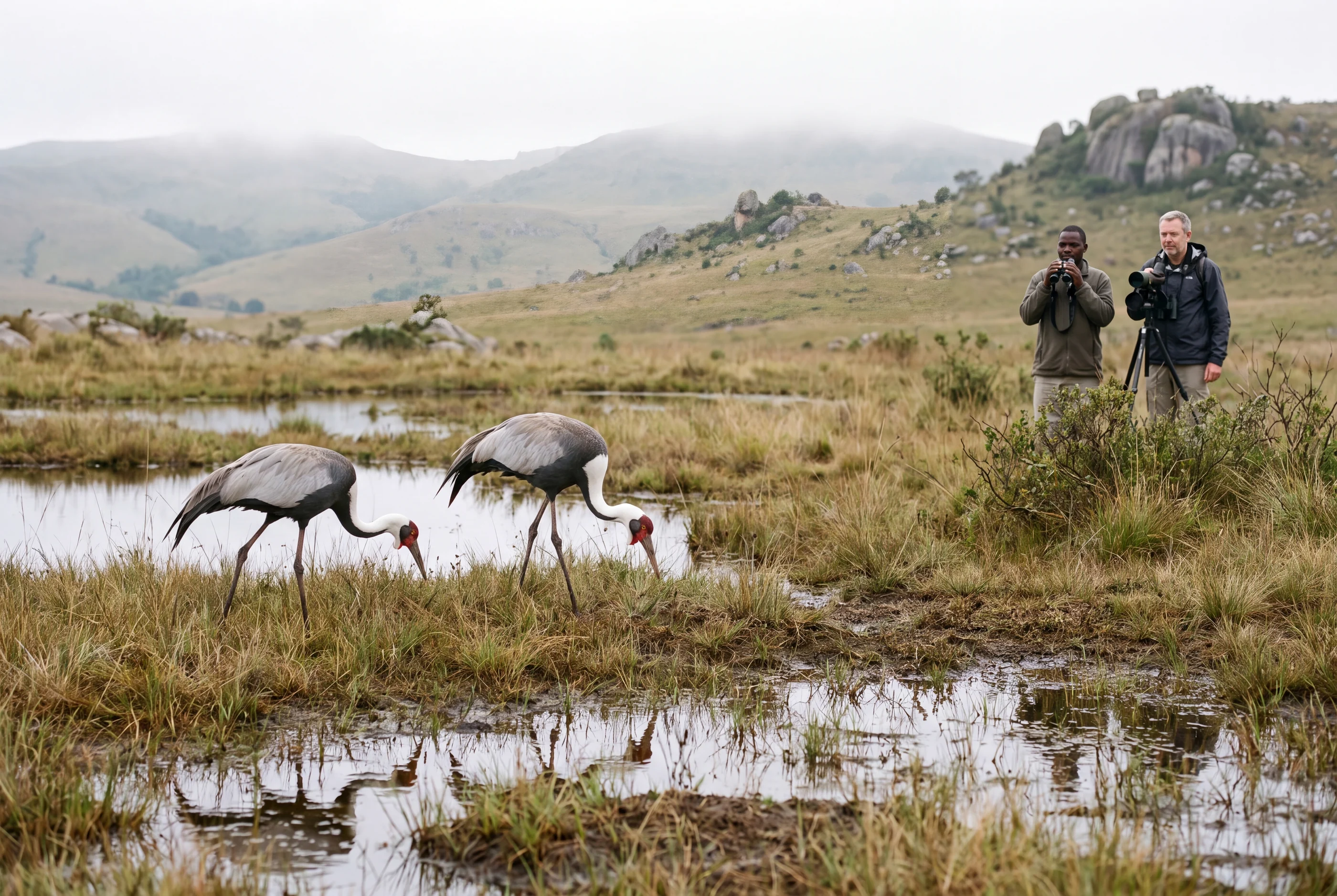 Specialist birding with wattled cranes on the Nyika Plateau