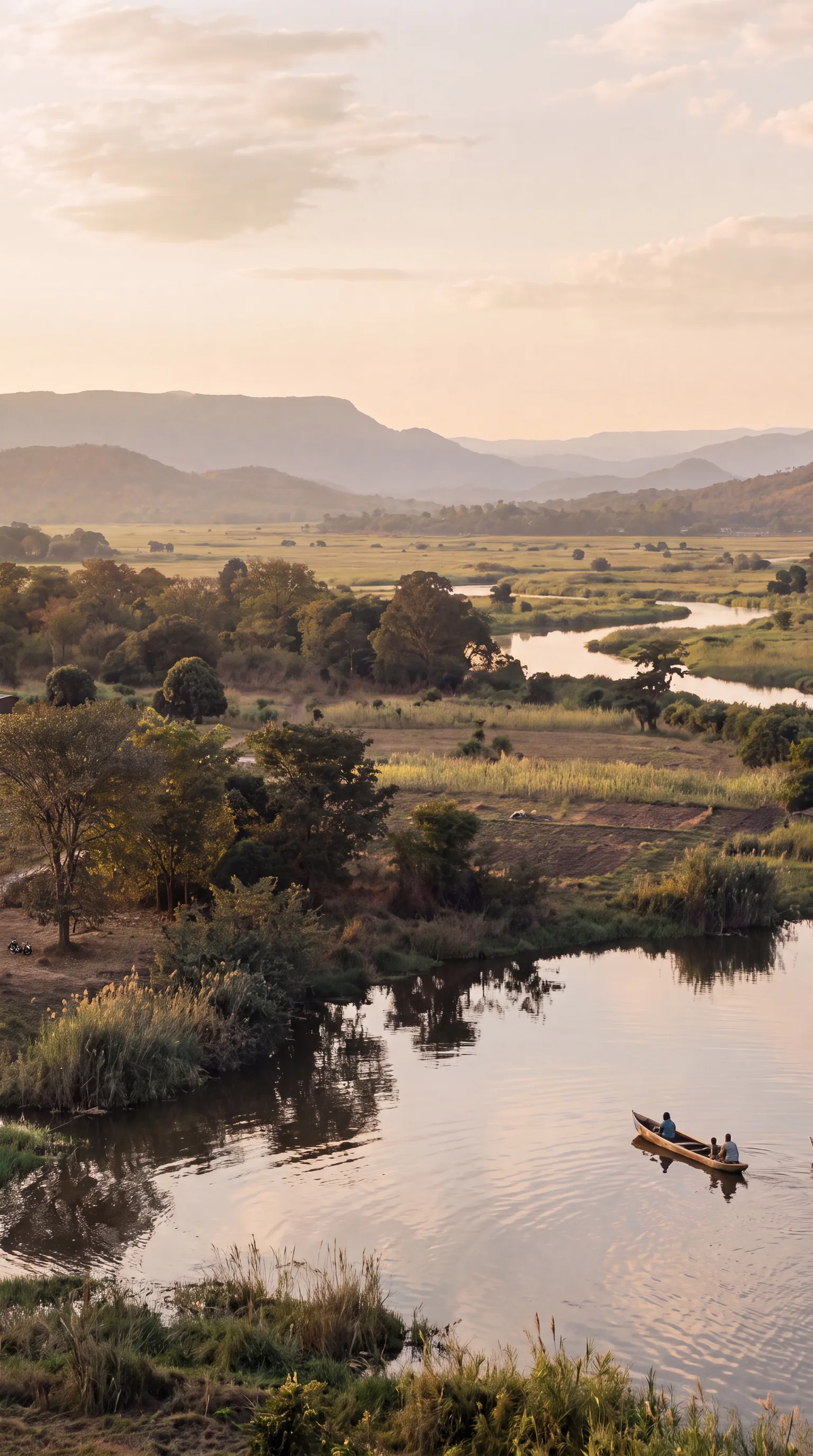Dugout canoes travelling along a winding river through green countryside