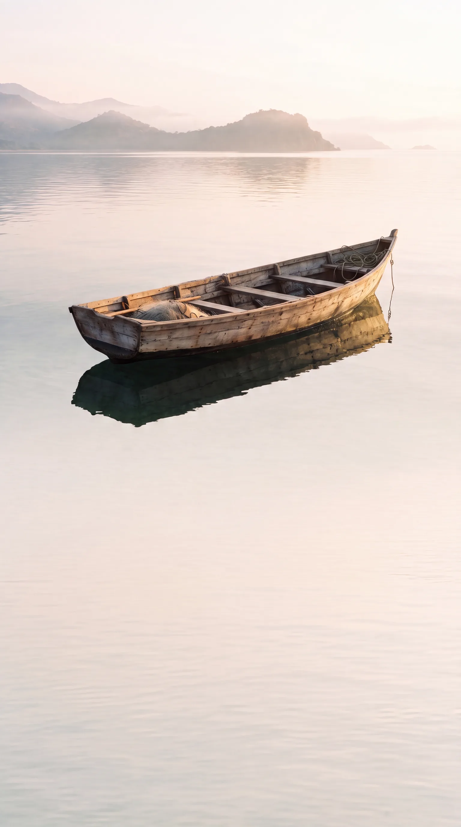 A traditional wooden fishing boat resting on calm Lake Malawi water