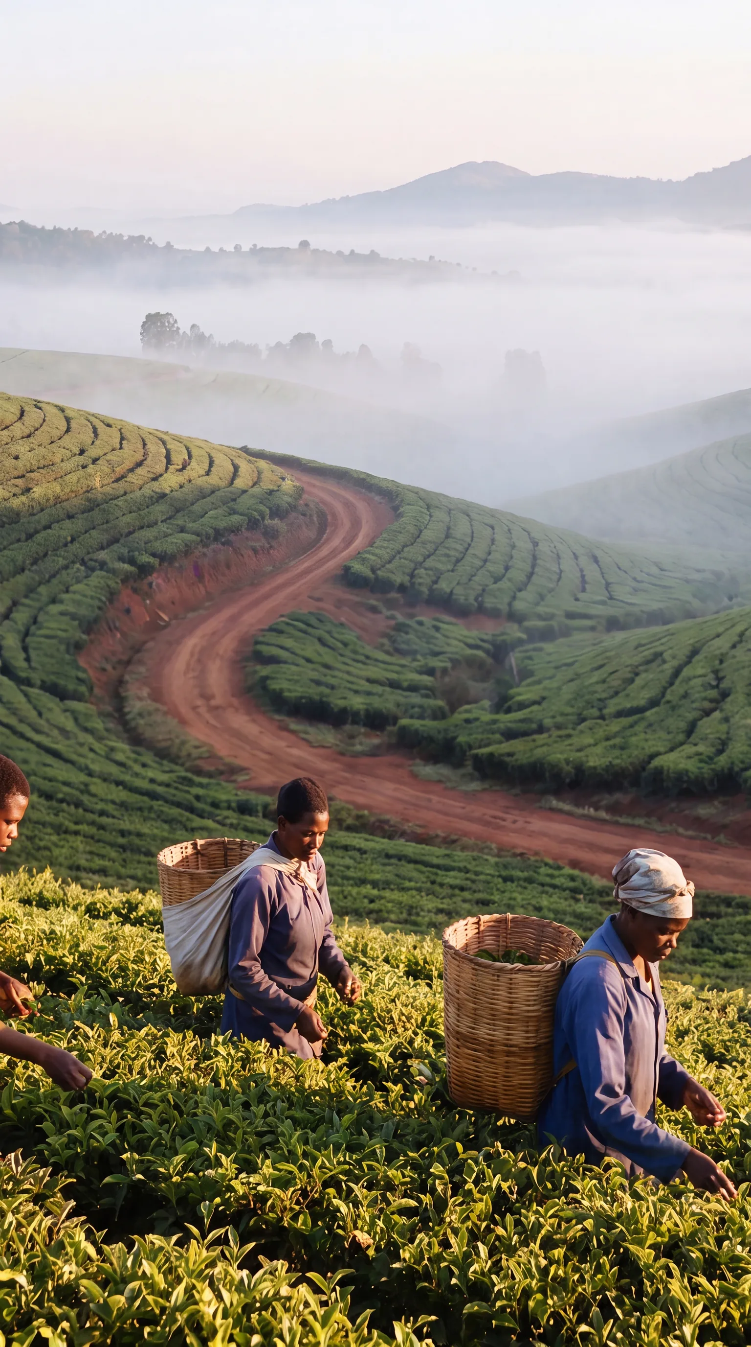 Tea workers harvesting among the rolling green fields of Thyolo