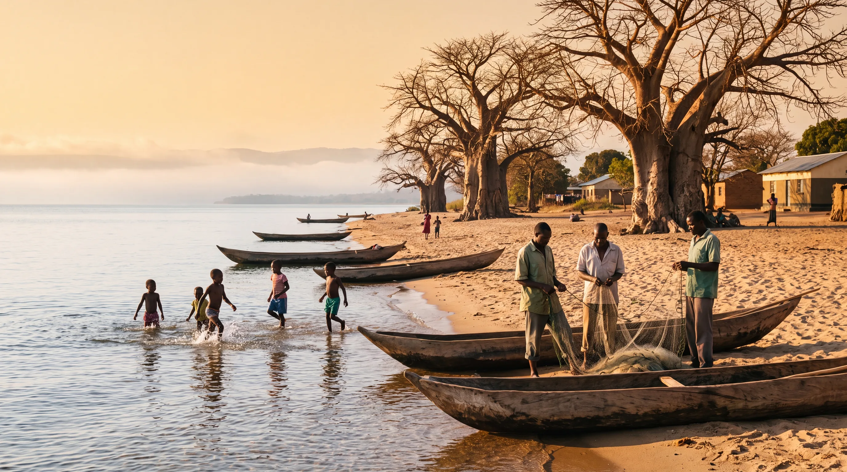 A Lake Malawi fishing community at first light