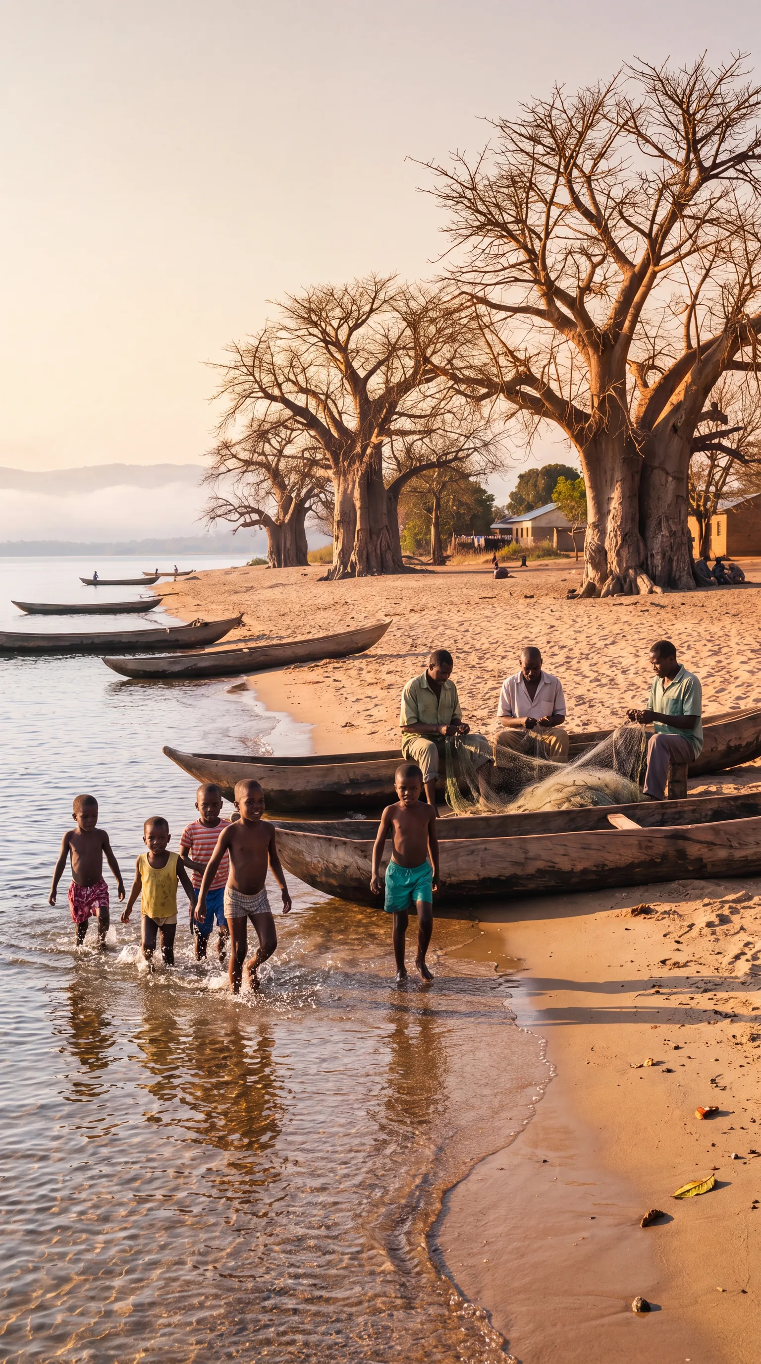 A Lake Malawi fishing community at first light