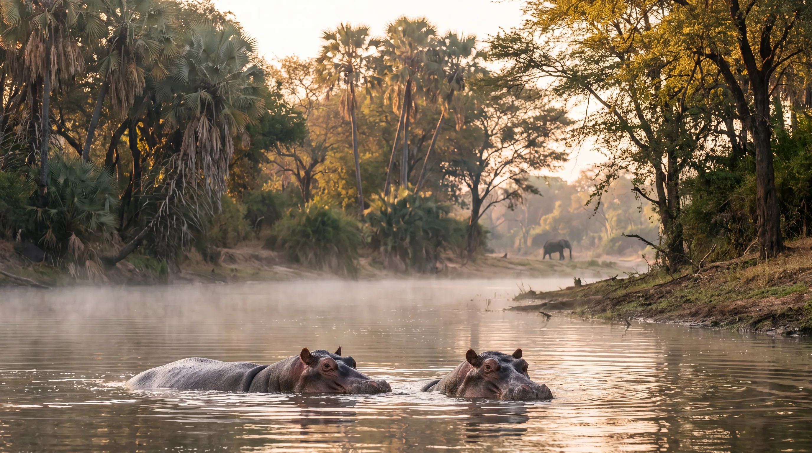 Hippos in the Shire River at dawn in Liwonde National Park