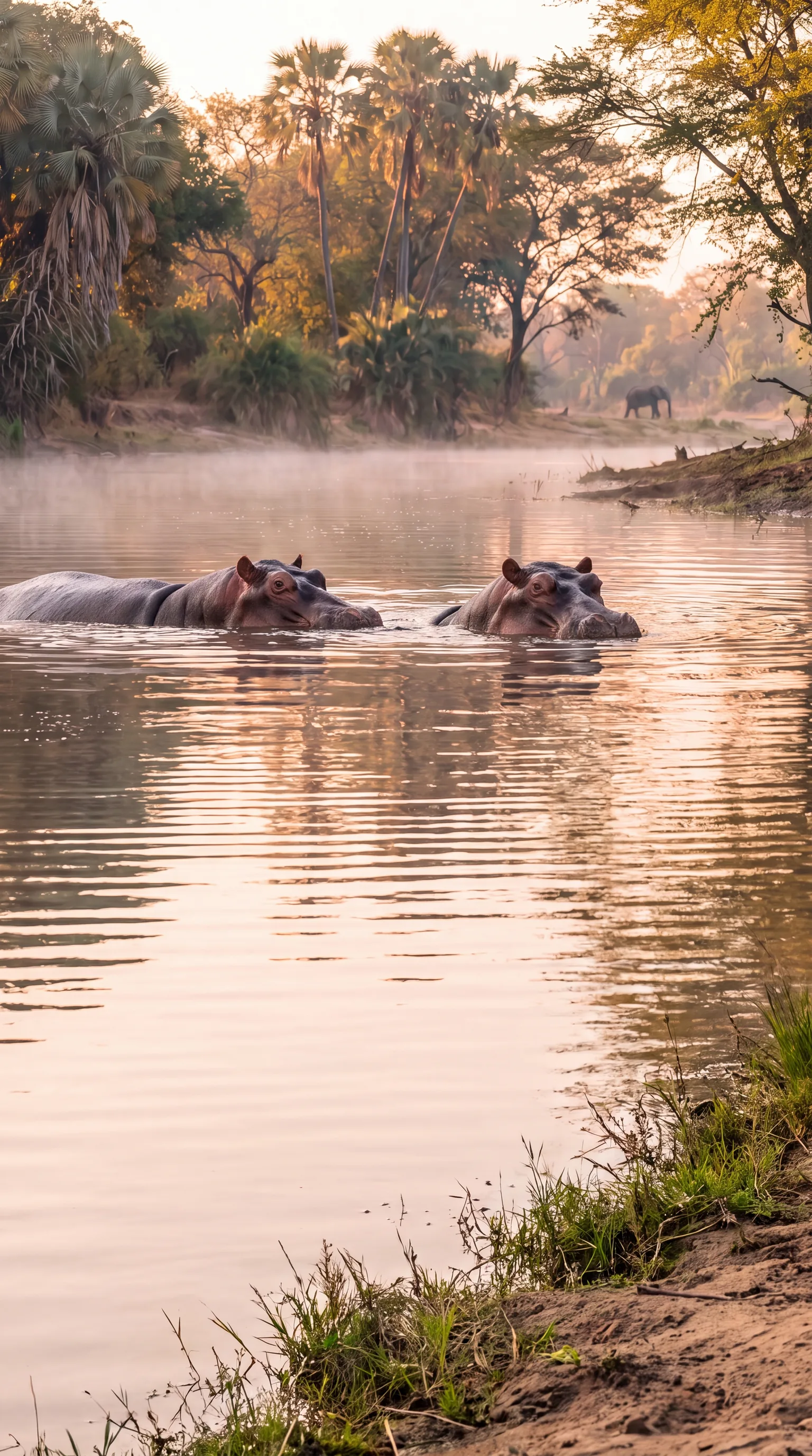 Hippos in the Shire River at dawn in Liwonde National Park