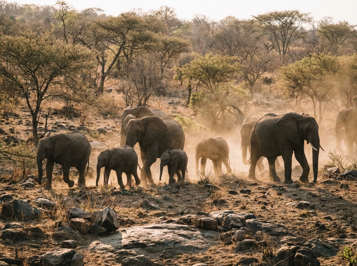 A cinematic, low-angle photograph of a herd of African elephants emerging from golden dust in Majete Wildlife Reserve. The lighting is warm and amber-toned, emphasizing the textured hide of the elephants. The surrounding environment is sparse bushland under a soft, hazy sunset sky, creating a feeling of ancient, undisturbed wilderness in line with a high-end travel editorial style.