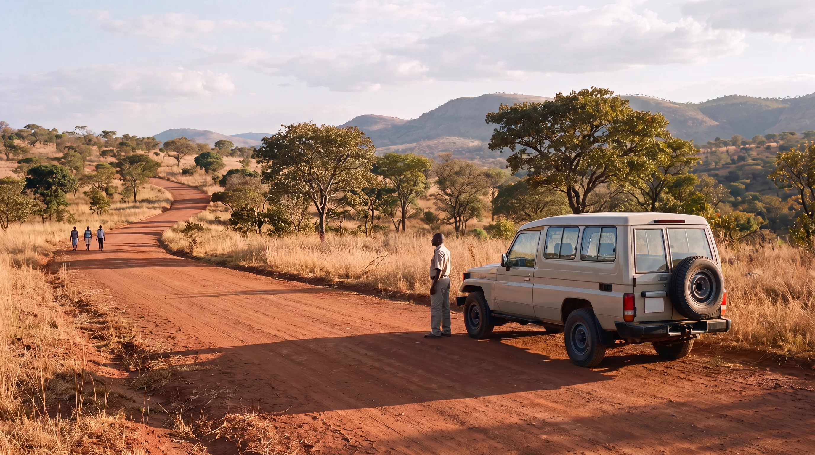 A Malawian guide beside an unbranded field vehicle on a red-earth reserve road.
