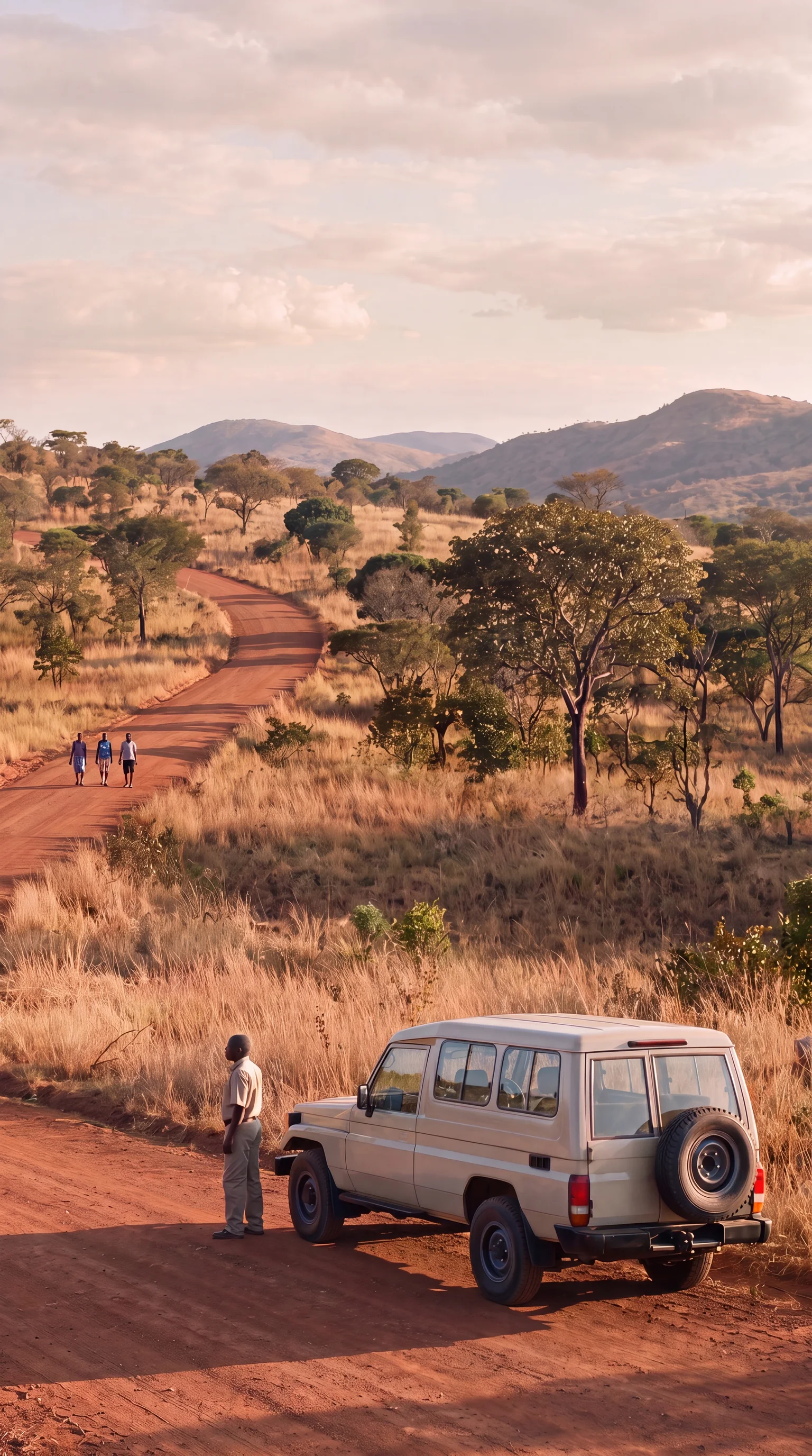 A Malawian guide and field vehicle beside a road through dry-season woodland.