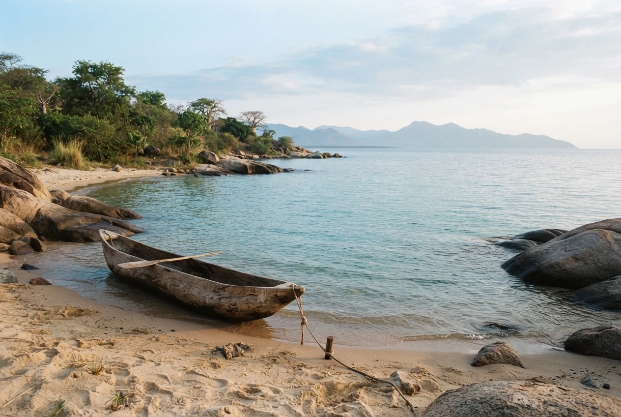 Editorial travel photography of an authentic, unbranded Lake Malawi shoreline. Clear, calm turquoise water lapping against natural golden sand and smooth granite rocks. A traditional wooden dugout boat rests quietly on the shore. No resort furniture, sun loungers, umbrellas, or hotel property. Soft, natural morning light, high-end, professional, and serene. Capturing the 'quiet luxury of time' without any generic tropical resort clichés.