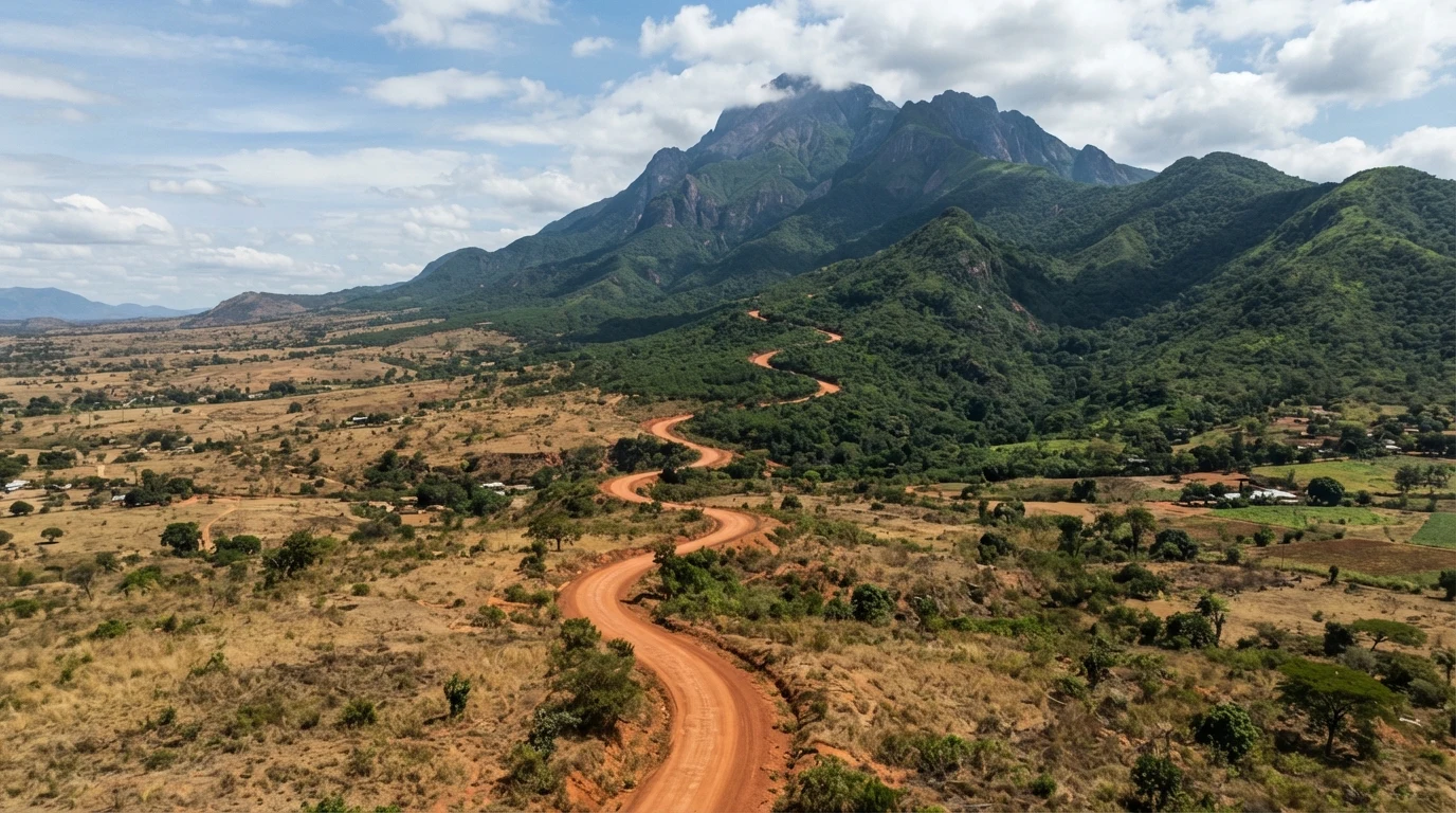 An atmospheric photo of a classic Land Rover Defender parked on a dusty dirt track in the Malawi bush.