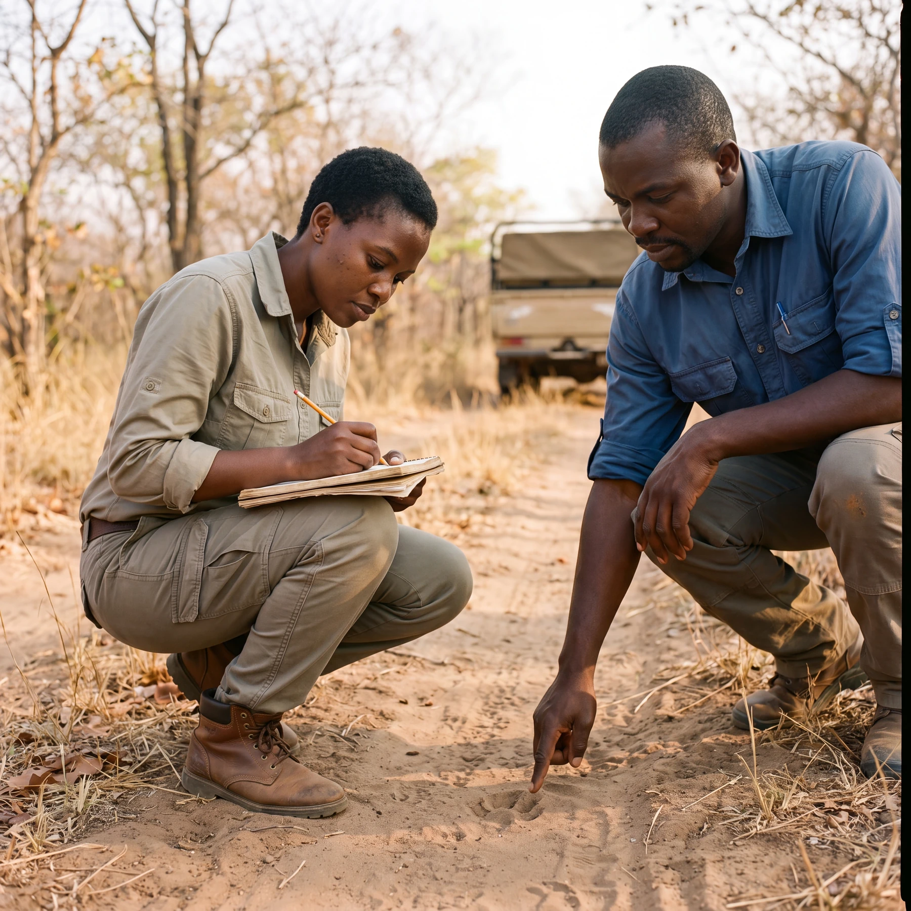 Malawian field professionals recording current conditions on a reserve track.
