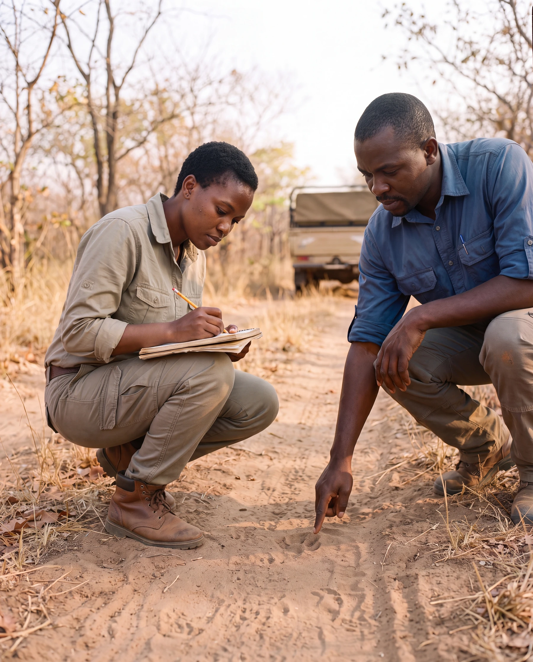Malawian field professionals recording current conditions on a reserve track.