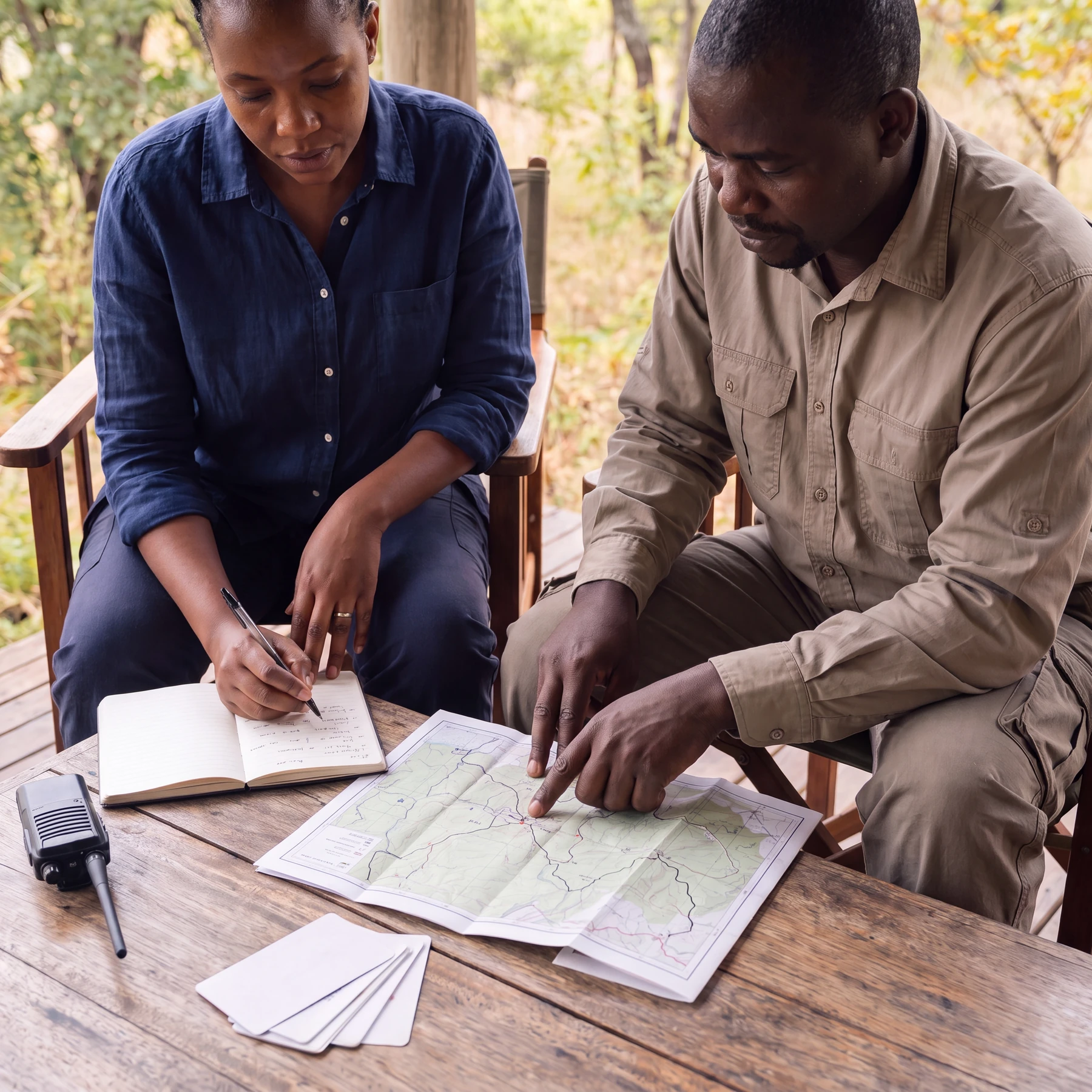 Malawian travel professionals reviewing route plans and operating details.