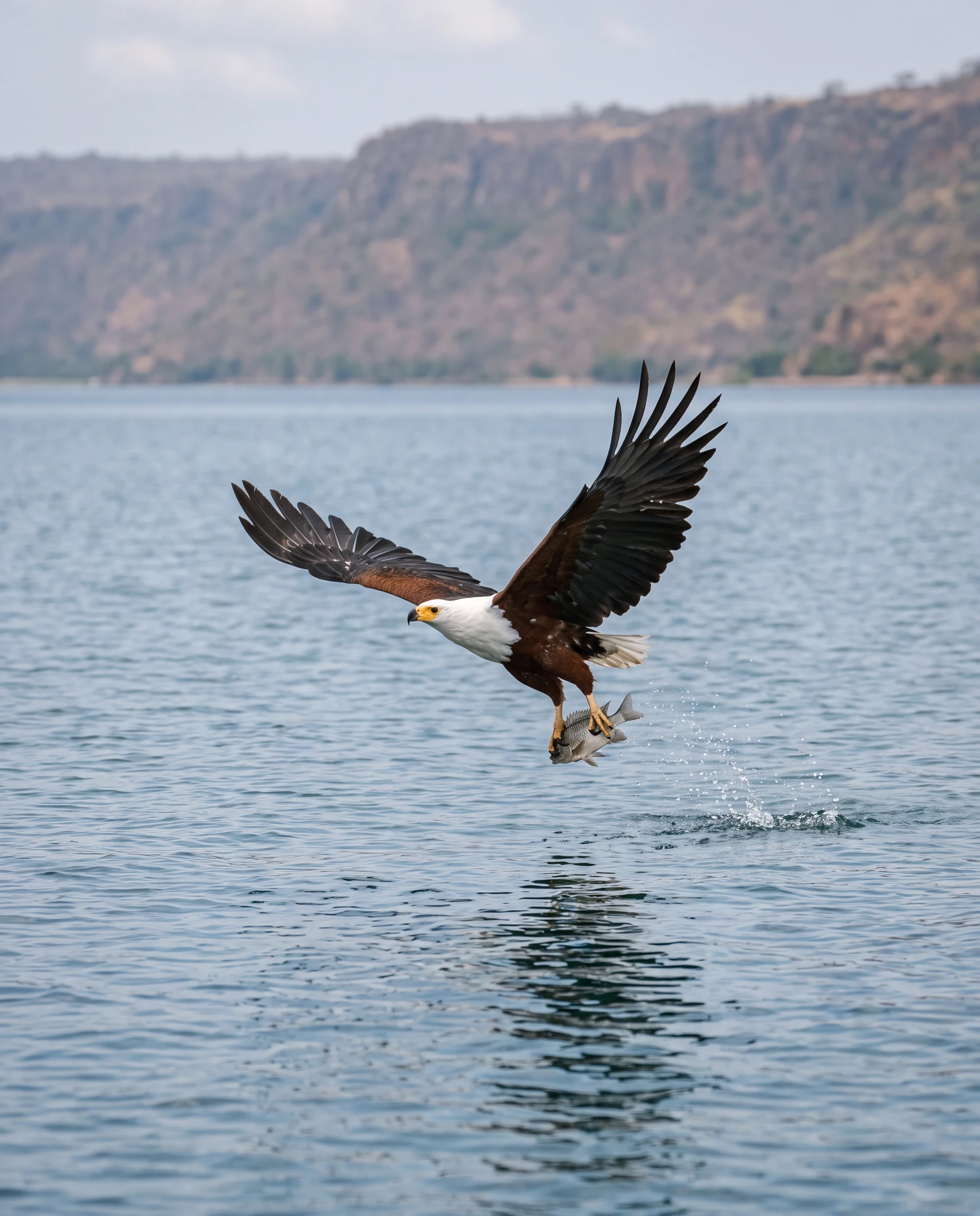 An African fish eagle lifting a fish from Lake Malawi.