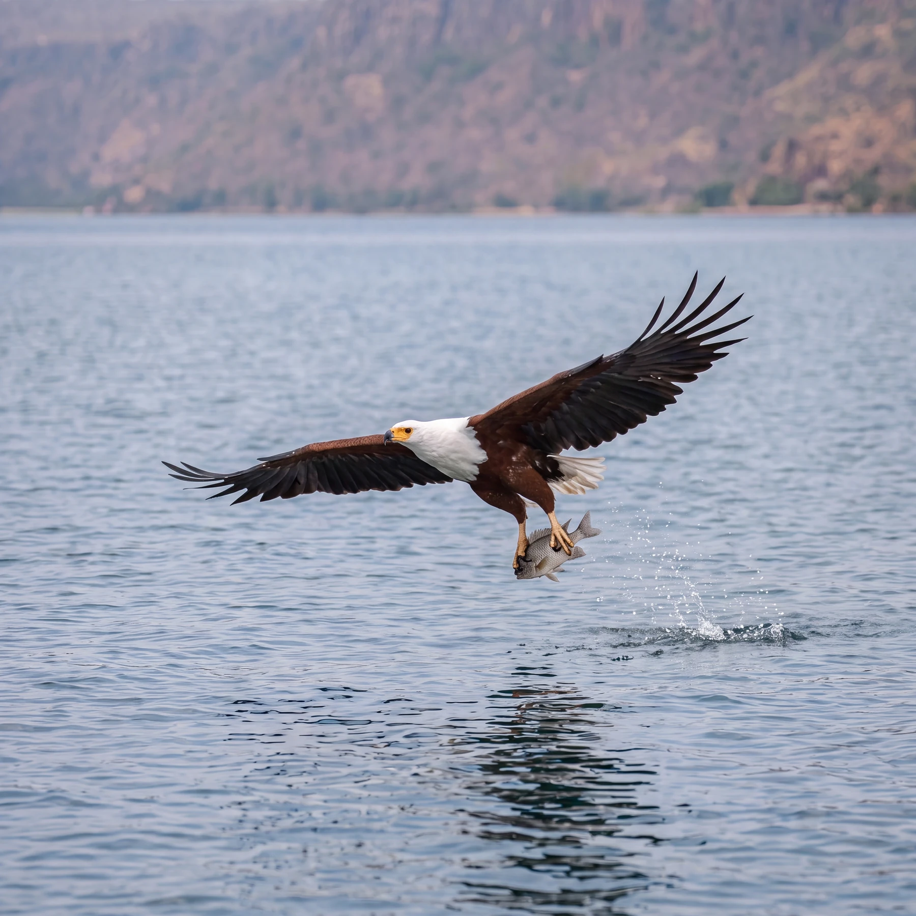 An African fish eagle lifting a fish from Lake Malawi.