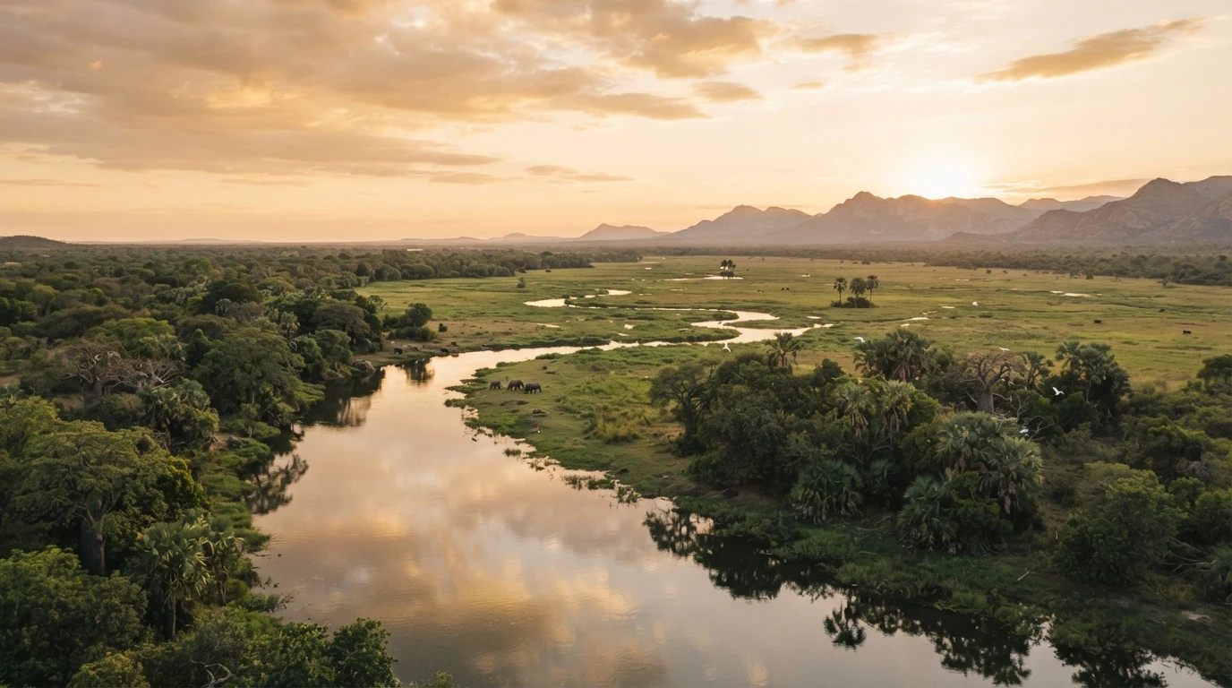 Cinematic editorial photography of a vast Malawian wilderness habitat at golden hour.