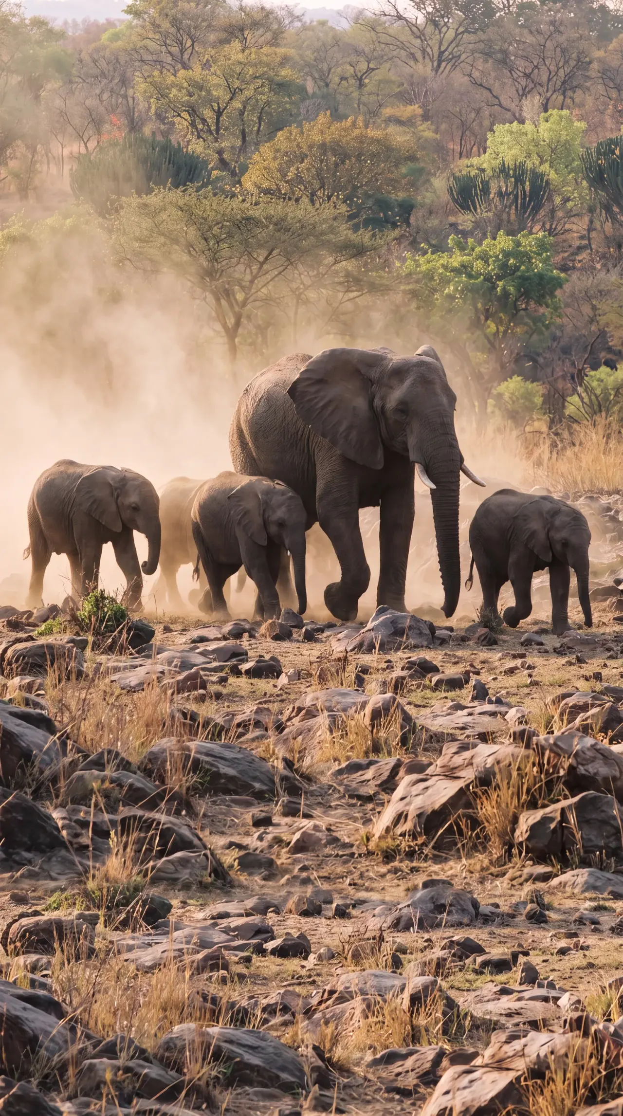 A family herd of elephants crossing dry woodland in Majete